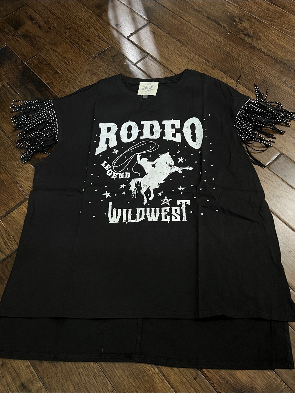 Fantastic Fawn Black Rodeo 'Wildwest' Graphic Tee with Fringe Sleeves